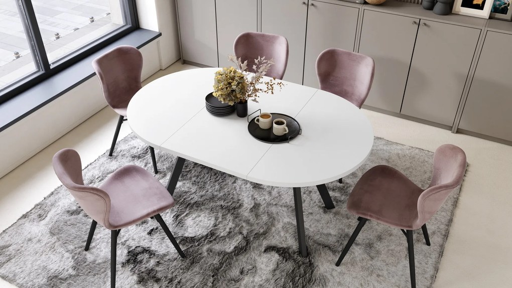 ALMO Wit Mat/Zwarte poten - RONDE LOFT/INDUSTRIËLE TAFEL VOOR WOONKAMER/EETKAMER, UITSCHUIFBAAR