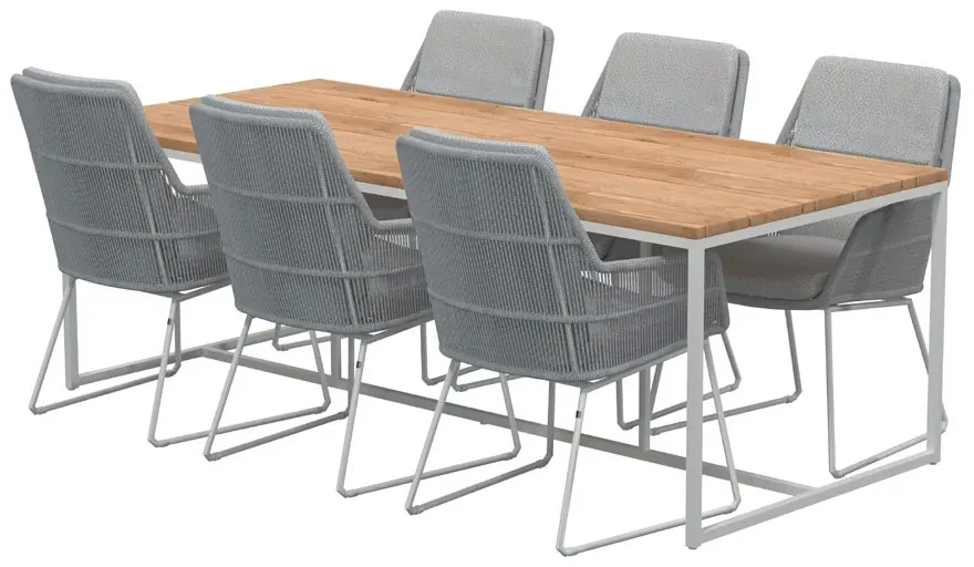 4 Seasons Outdoor Valencia eetset frozen met Quatro frost grey tafel teak blad 220 cm Tuinset houtkleur weerbestendig