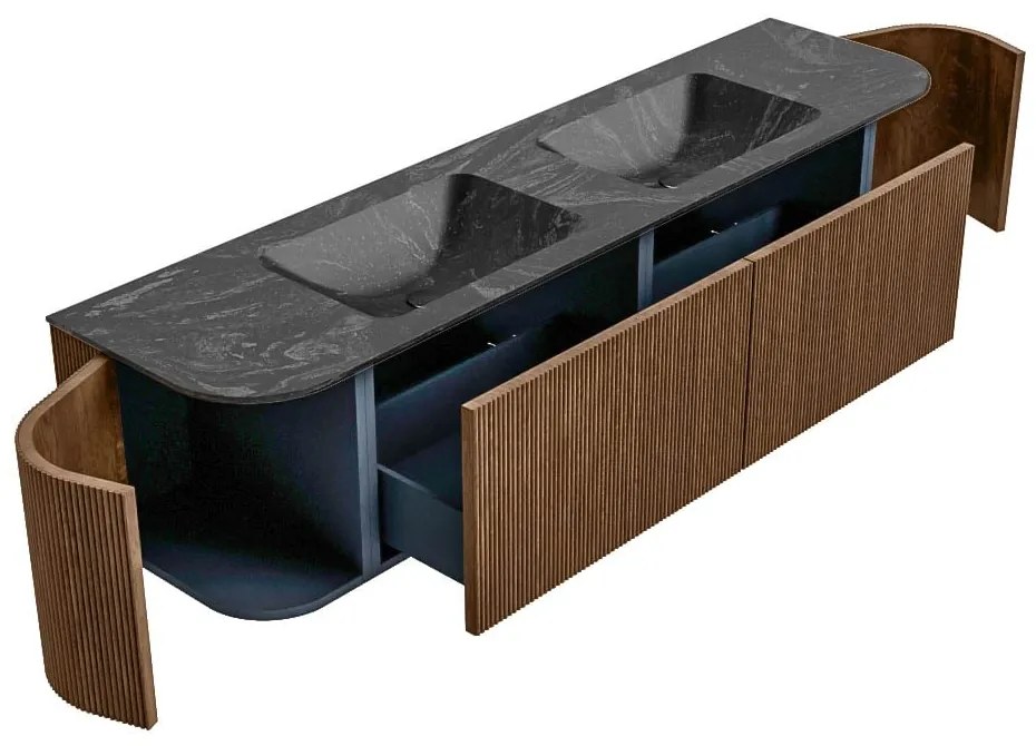 Mondiaz Kurve-dlux 180cm badmeubel ronding links/rechts walnut met 2 lades en deuren en wastafel leaf dubbel zonder kraangat lava