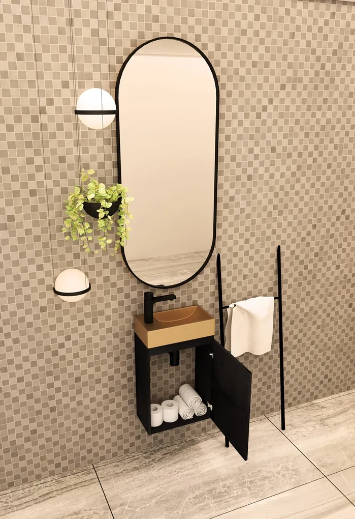 MD Interior Blessed toiletmeubel zwart mangohout rechts met fontein mat rosé goud links