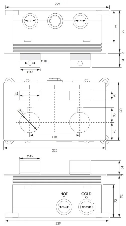 Brauer Brushed Edition 2-weg inbouwthermostaat met drukknoppen RVS geborsteld PVD