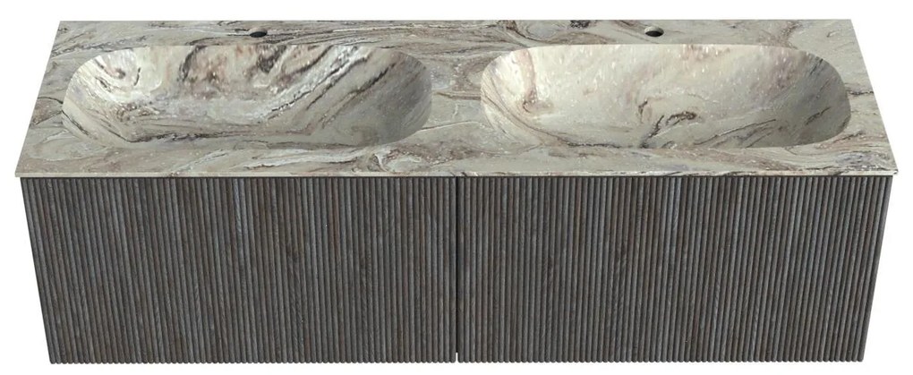 Mondiaz Kurve-dlux 140cm badmeubel shadow met 2 lades en wastafel stor small dubbel 2 kraangaten glace