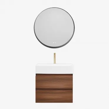 Badkamermeubelset Van Hout En Essenhoutfineer Met Geïntegreerde Wastafel Ona Donker Hout & Round Led And Antifog Zwart Ø80 Cm Kimacs - Sklum