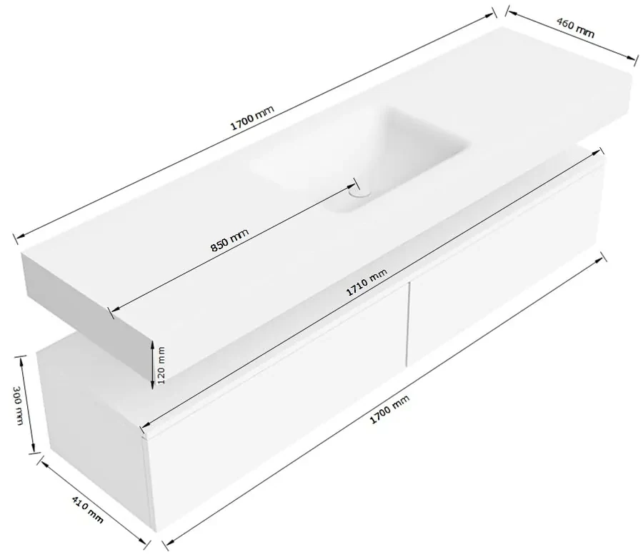 Zaro Alan badmeubel 170cm sand 2 lades met vrijhangende wastafel cloud midden zonder kraangat talc