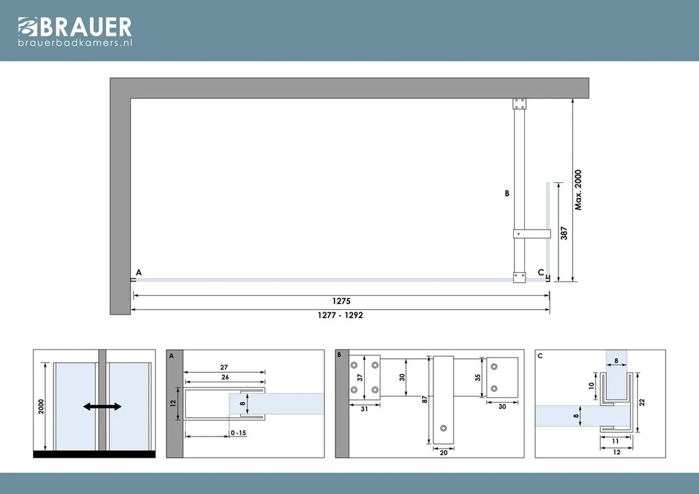 Brauer Oblivion inloopdouche helder glas 130cm met 40cm zijwand zwart mat