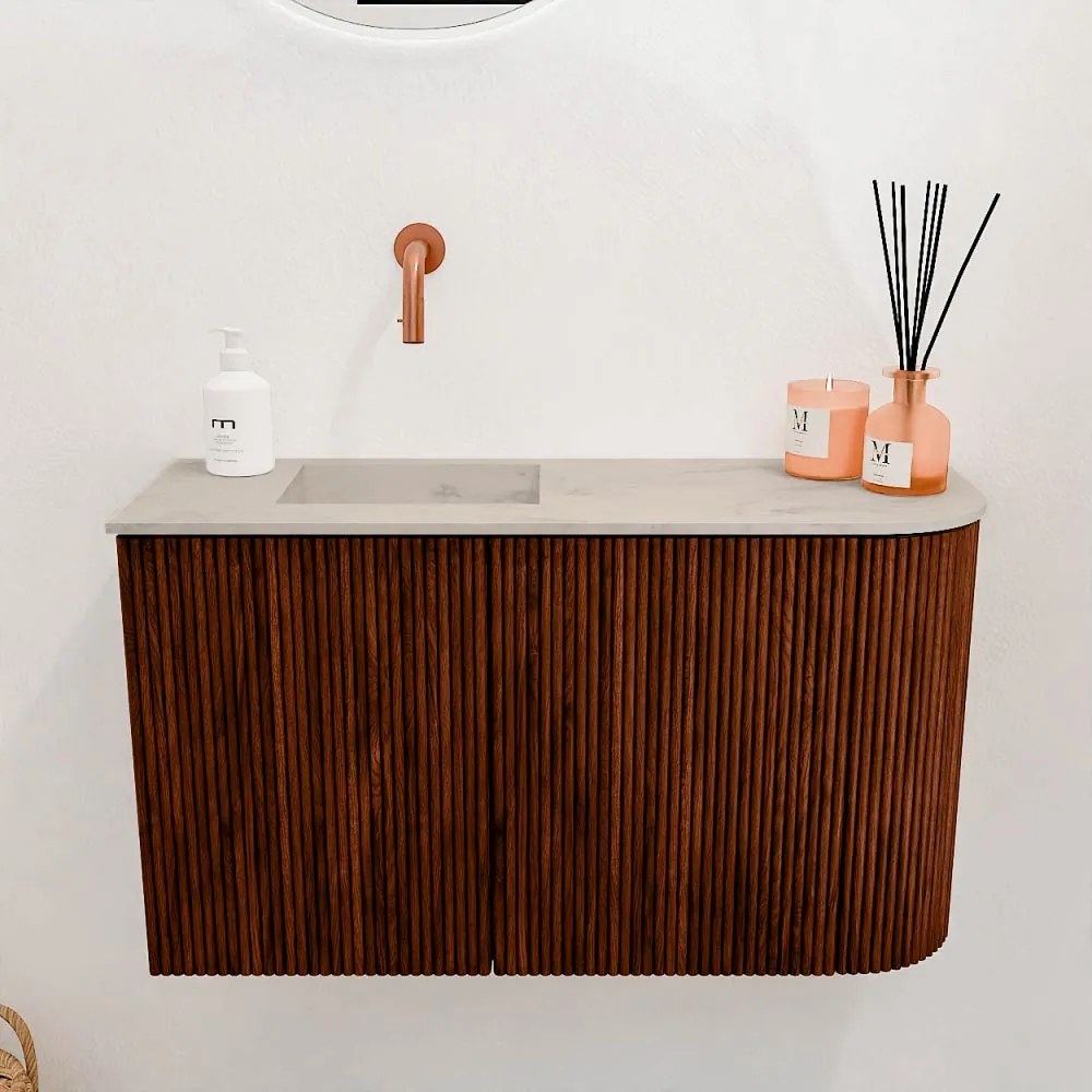 Mondiaz Joya DLux 70cm toiletmeubel ronding rechts ruby met wastafel faye links zonder kraangat opalo