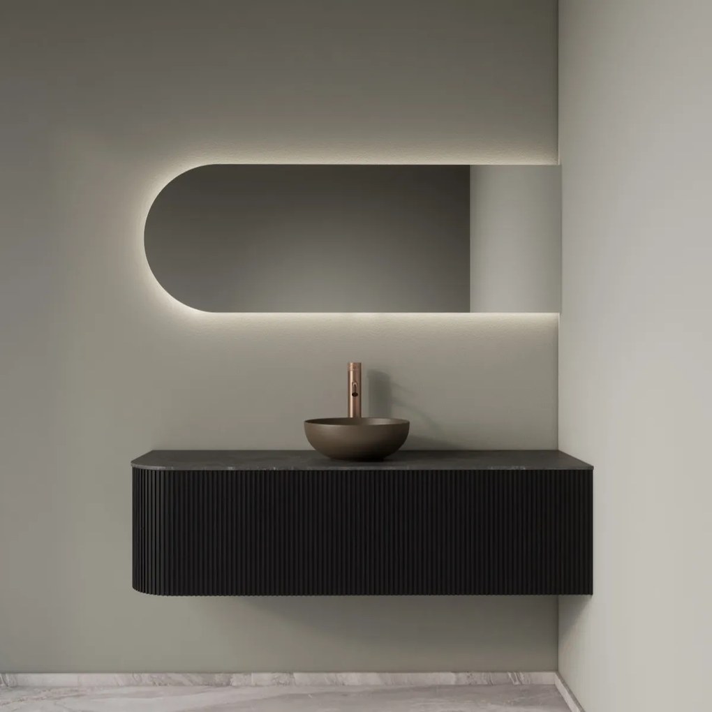 Gliss Design Alluro badmeubel ribbelfront met ronding links 140cm black en zwart leisteen toppaneel