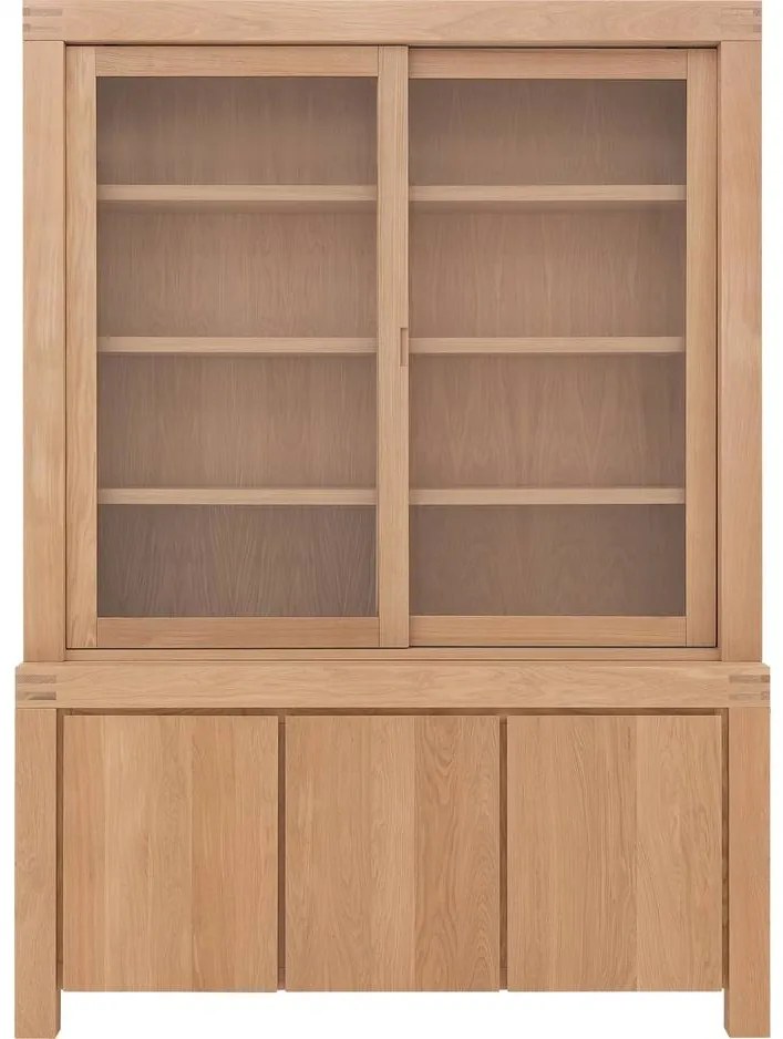 Goossens Buffetkast Clear, 2 glasdeuren boven, 3 dichte deuren onder, blank eiken, 162 x 225 x 45 cm, stijlvol landelijk