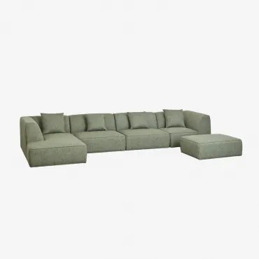 4-delige Modulaire Chaise Longue-bank Aan De Linkerkant Met Cardea Gestoffeerde Poef Bouclé Groen – Salie - Sklum