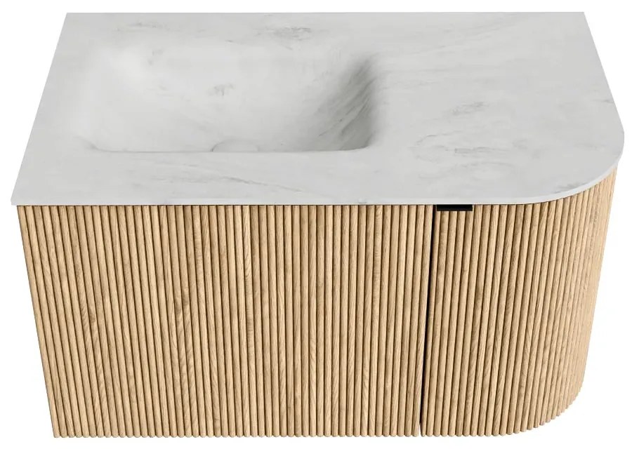 Mondiaz Kurve-dlux 75cm badmeubel ronding rechts oak met 1 lade en deur en wastafel grunne links zonder kraangat opalo