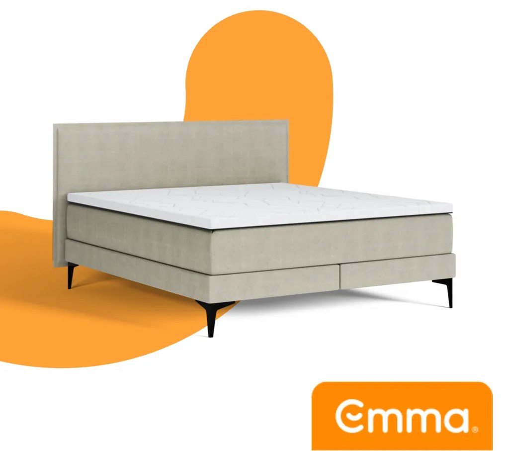 Emma Signature Boxspring Bed 140x200 - Beige - Effen Hoofdbord - Beukenhout Pootjes