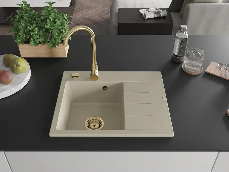 Mexen Ben granitische spoelbak met 1 bak en afdruiprek, links, 600 x 500 mm, beige, gouden sifon - 6522605000-69-G