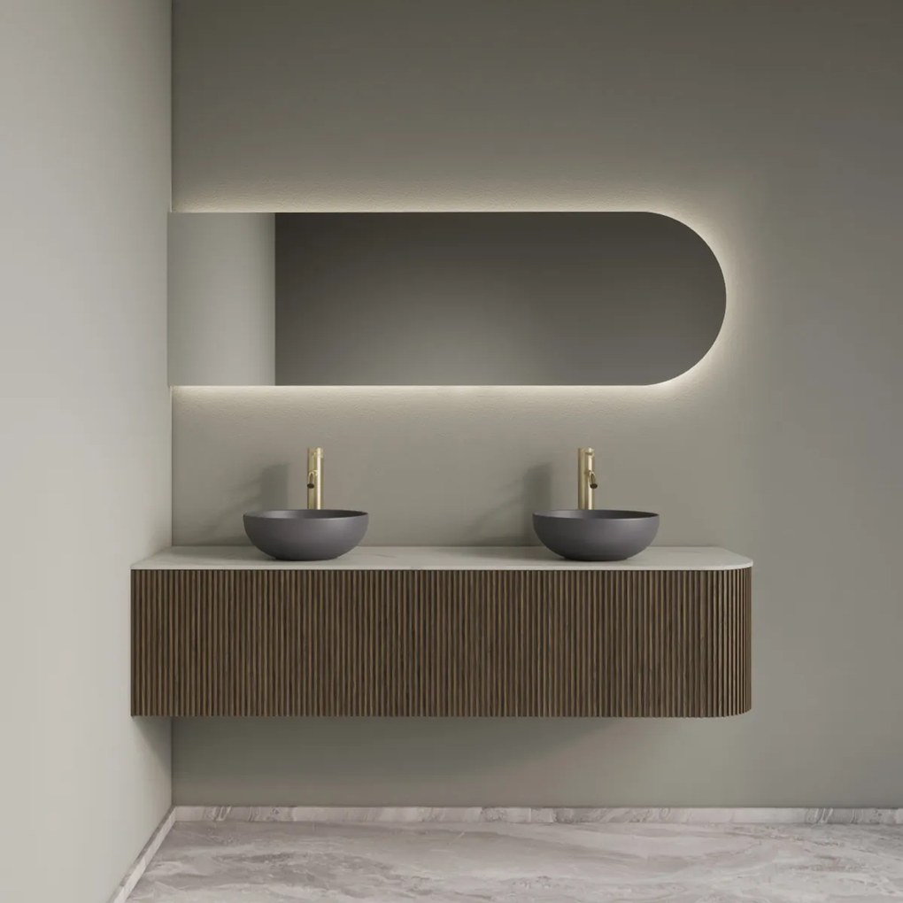 Gliss Design Alluro badmeubel ribbelfront met ronding rechts 160cm ash grey en wit marmer toppaneel