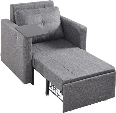 VEVOR slaapbank met zijvak, kussen en armleuning, eenpersoons relaxfauteuil met 5-voudig verstelbare rugleuning, eenpersoons uitschuifbare bank met 2 wielen en opbergruimte eronder, grijs