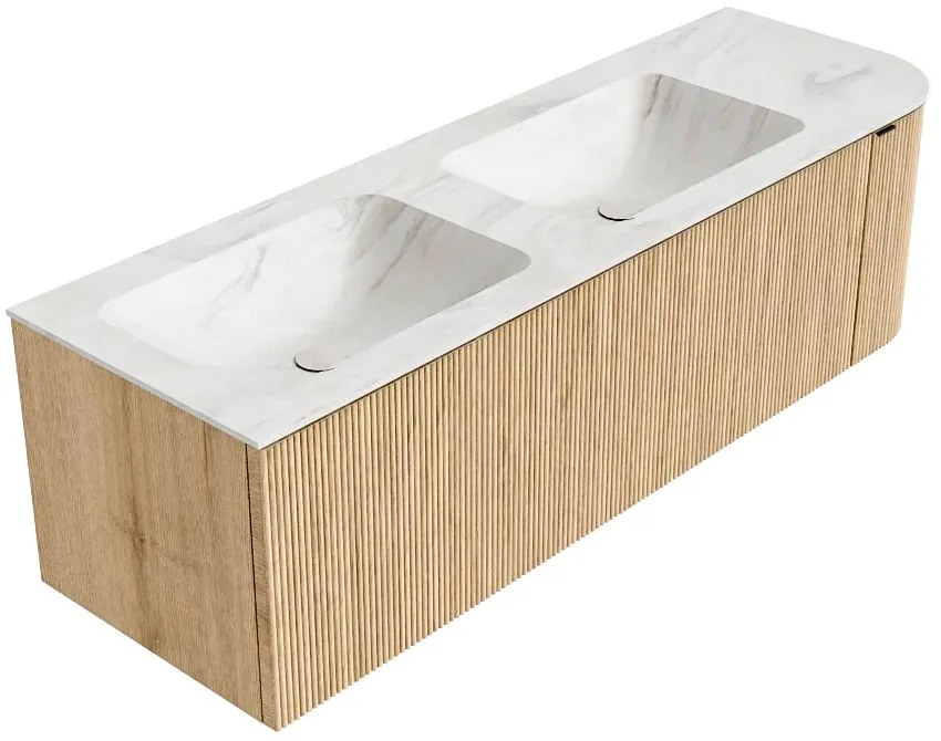 Mondiaz Kurve-dlux 145cm badmeubel ronding rechts oak met 1 lade en deur en wastafel leaf dubbel/links 2 kraangaten ostra