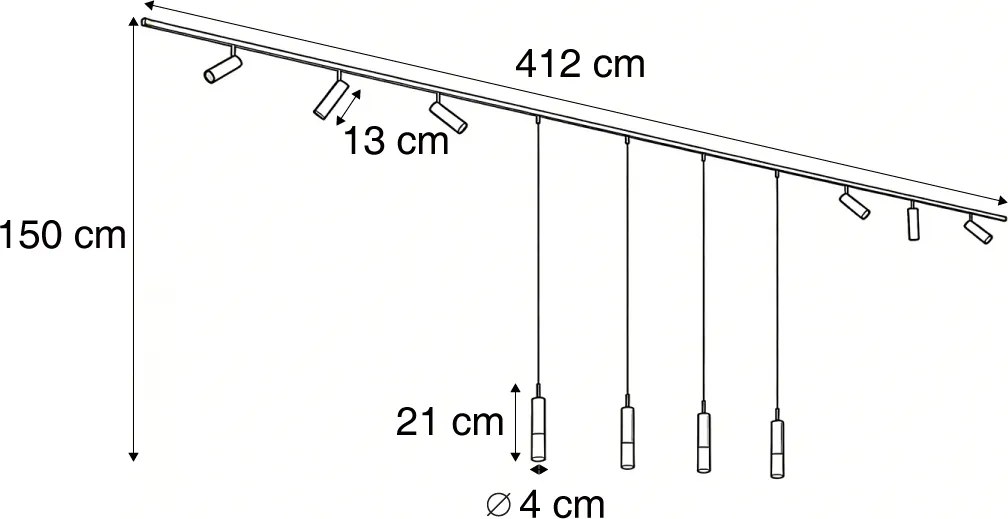 Modern railsysteem zwart met 6 spots en 4 hanglampen 1-fase - Slimline Uzzy Loyce