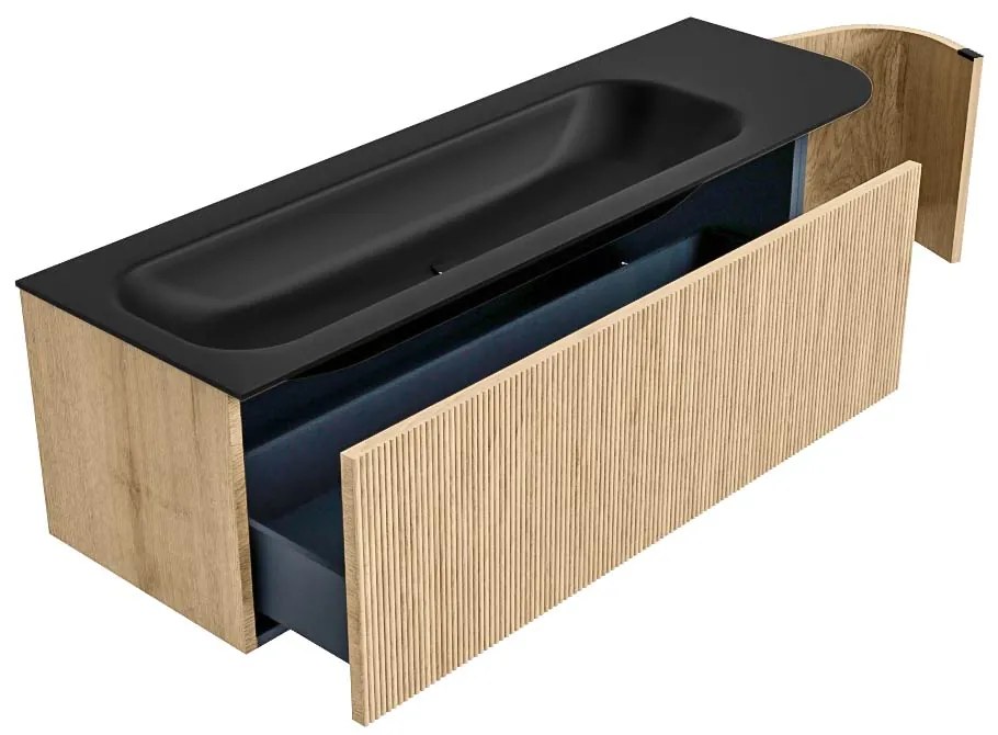 Mondiaz Kurve 145cm badmeubel ronding rechts oak met 1 lade en deur en wastafel big large links zonder kraangat urban
