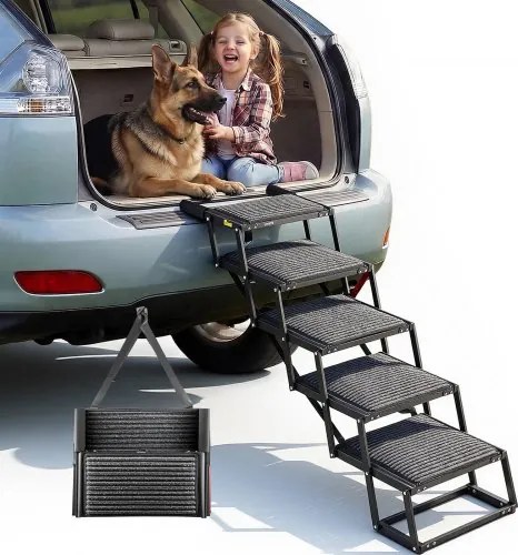 VEVOR Opvouwbare 5-treden hondenhelling voor auto's, extra brede hondenhelling voor grote honden met zacht vilt, draagbaar hulpmiddel voor instappen in auto's, SUV's, vrachtwagens, hoogslapers, banken, draagvermogen tot 90 kg