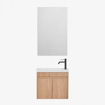 Narek Zwevend Houten Badkamermeubelset Met Geïntegreerde Wastafel Ash Brown & Mat Zwart ↑20 Cm Met Afvoerkraan Zonder Overloop Orveta & Rectangular Le