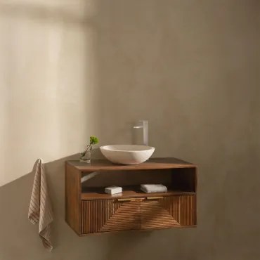 Baty Mangohouten Badkamermeubelset Mangohout & Rond Cement Wit Ø40 Cm Zavion & Spiegelloze & Wit ↑30 Cm Met Aftapkraan Zonder Overloop Alameda - Sklum