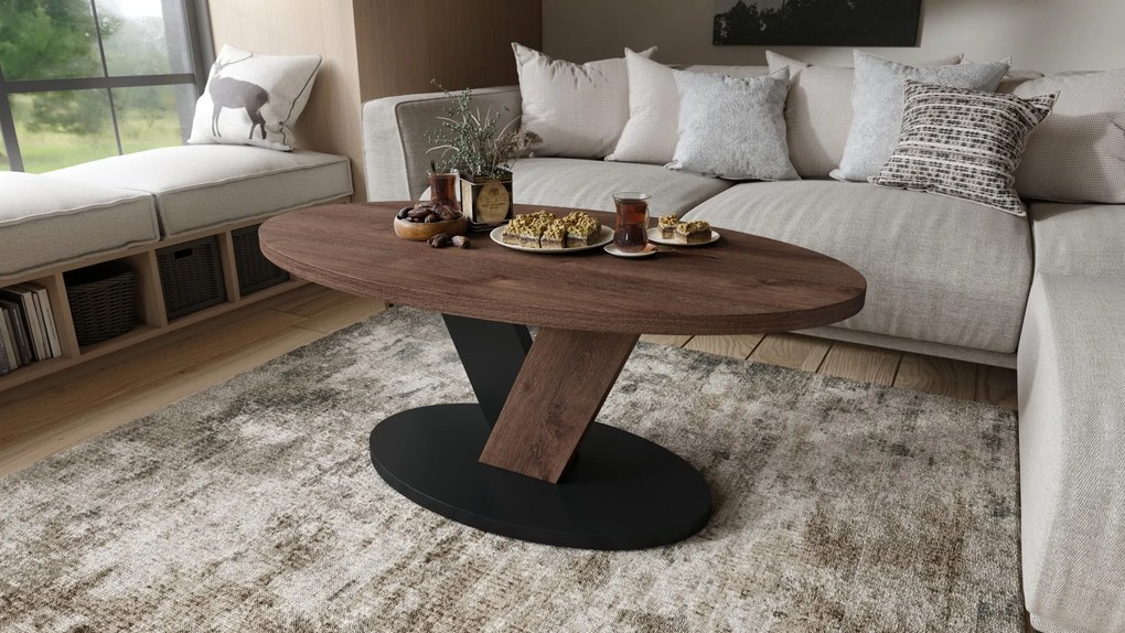 LOVA Eik Bruin/Zwart - OVALE SALONTAFEL 110x60 cm MODERNE KOFFIETAFEL