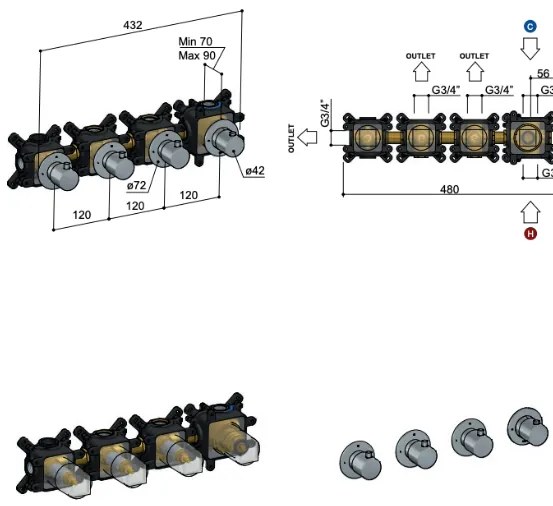 Hotbath Cobber CB7070 afbouwdeel inbouw douchethermostaat met 3 stopkranen gepolijst messing PVD