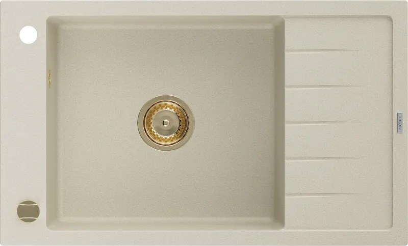 Mexen Elias granieten spoelbak met 1 kom en afdruiprek 795 x 480 mm, beige, gouden sifon - 6511791005-69-G