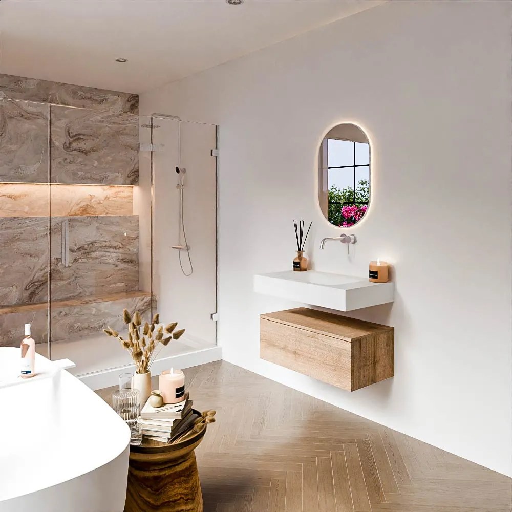 Zaro Alan badmeubel 80cm washed oak 1 lade met vrijhangende wastafel cloud midden zonder kraangat talc