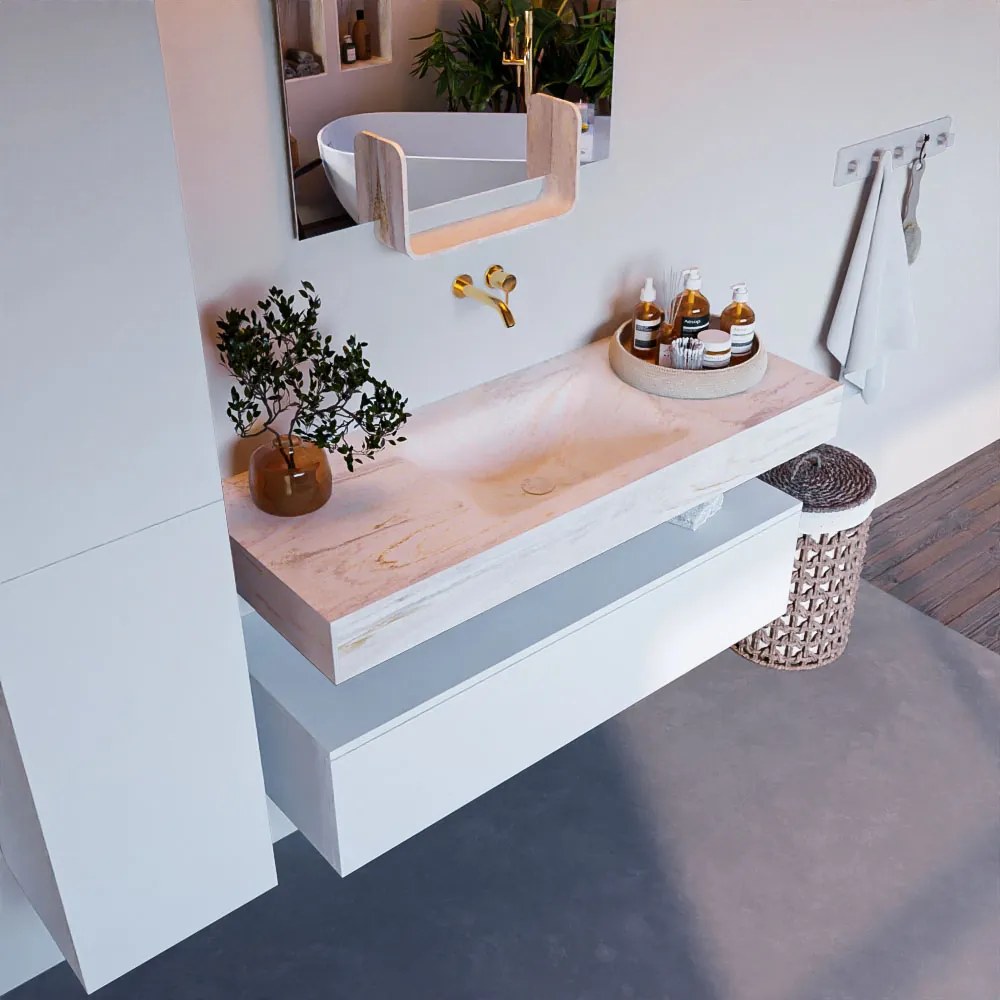 Mondiaz Alan DLux badmeubel 120cm talc 1 lade met wastafel ostra midden zonder kraangat