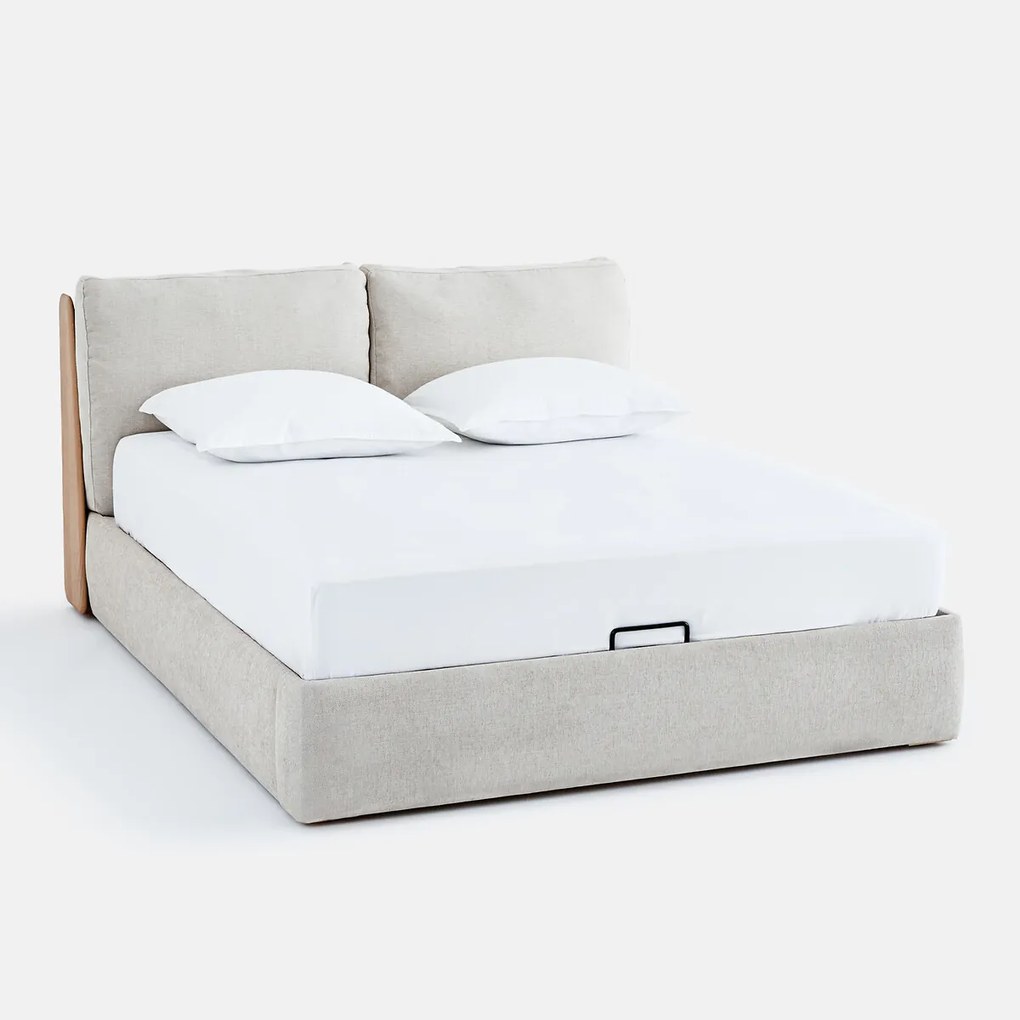 Tweepersoonsbed met opbergruimte, met opklapbare bodem, van eikenhout en fineer, ILOSS