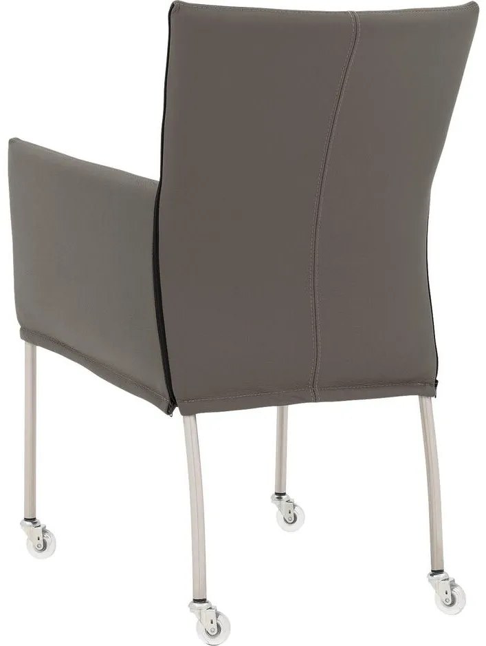 Goossens Eetkamerstoel Funk RVS Poten grijs leer met armleuning en Transparant skater wiel met rvs kapmet wielen, modern design