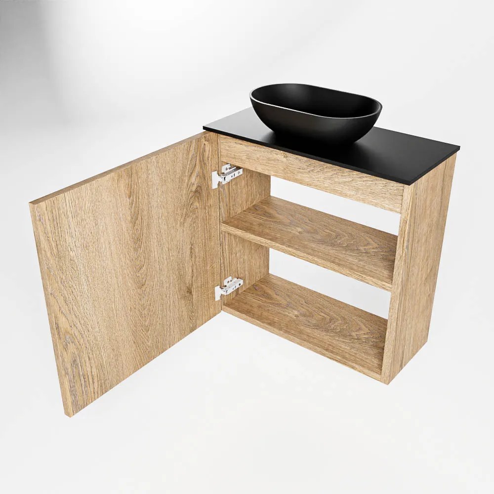 Mondiaz Fowy toiletmeubel 50cm washed oak met zwarte waskom links en kraangat