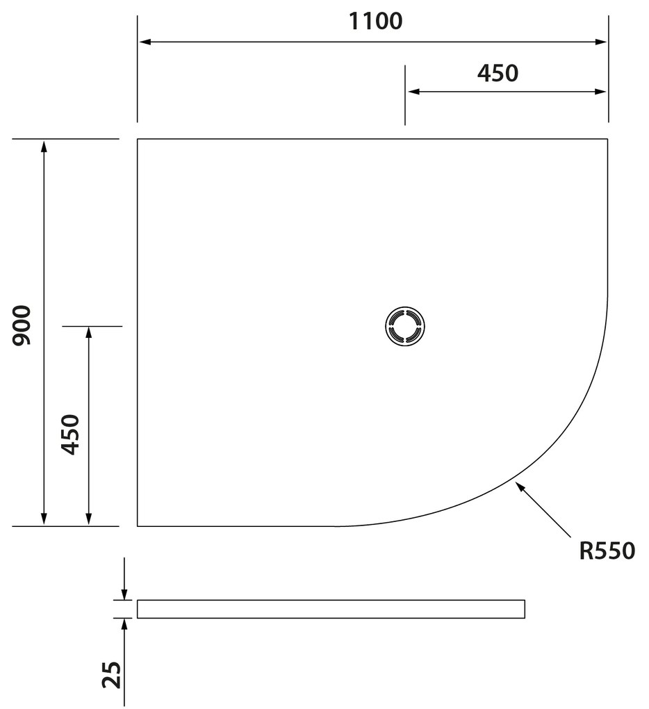 Polysan Flexia kwartronde douchebak 110x90cm wit links