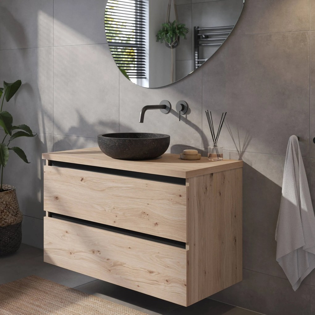 Saqu Gaia badmeubel incl. afdekblad 100x51x62cm naturel eiken – zwarte greeplijst