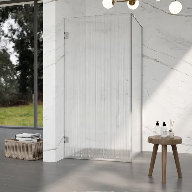 Fortifura Galeria Douchecabine - 90x80x200cm - scharnieren - deurgreep - stabilisatiestang - helder geribbeld - veiligheidsglas - Geborsteld RVS PVD (Rvs) SW1208821/SW1122566/SW797908/SW797952
