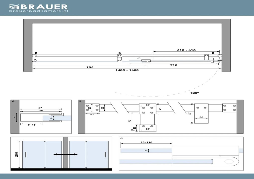 Brauer Stellar nisdeur met vaste wand 160cm koper geborsteld PVD