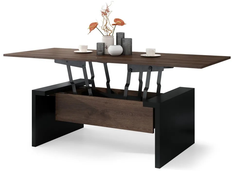SPACE bruin eiken / zwart, opklapbare salontafel, in hoogte verstelbaar