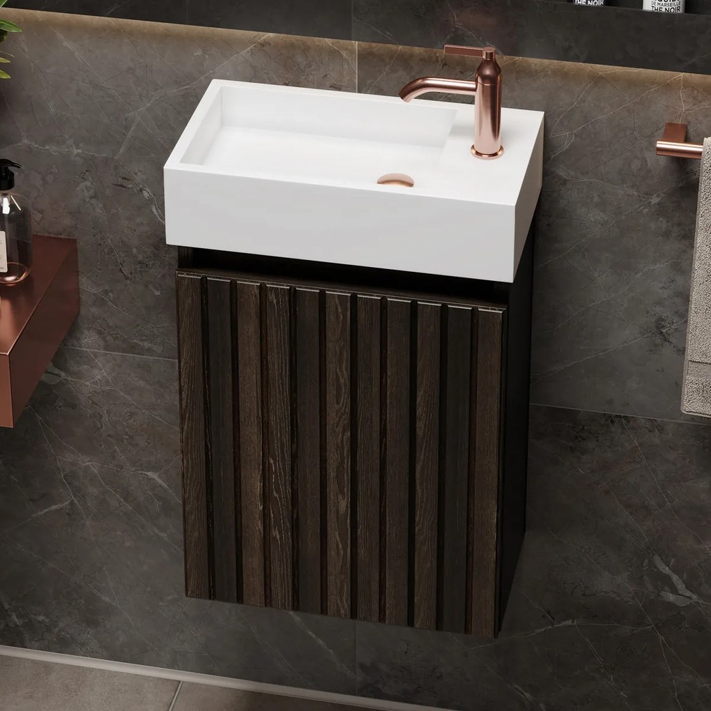 Fontana Alaska toiletmeubel ribbelfront kasteel bruin 40x22cm met solid surface fontein rechts