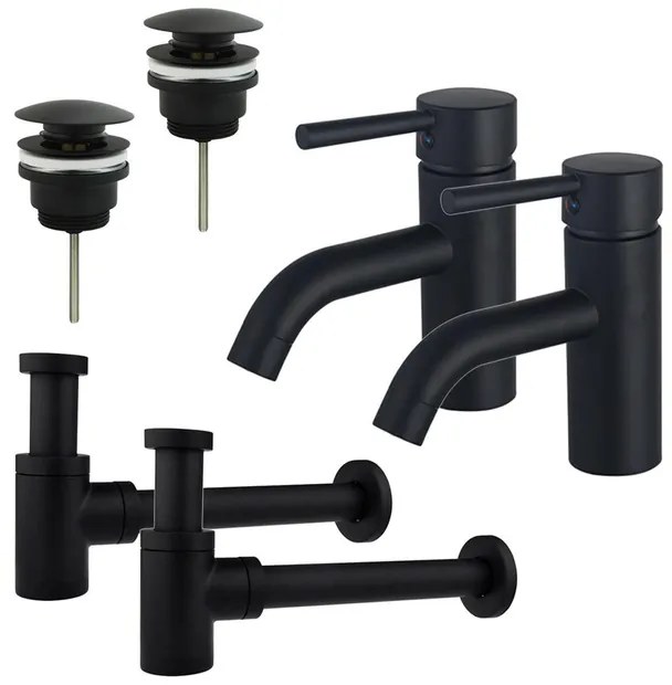 Fortifura Calvi Wastafelkraanset - voor dubbele wastafel - lage wastafelkraan - klikwaste plug - verlaagde design sifon - Mat zwart 2x SW377833/2x SW696199/2x SW696215