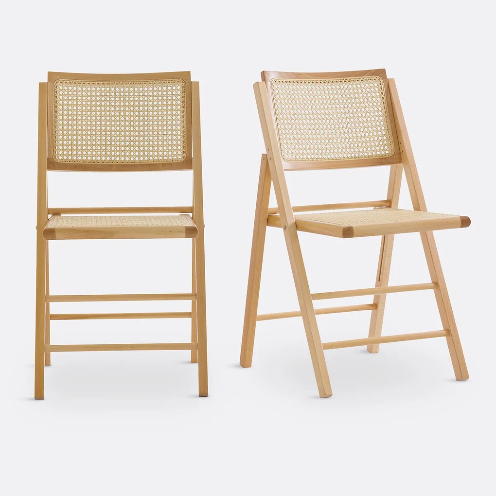 Set van 2 plooibare stoelen in beukenhout en riet, Rivia
