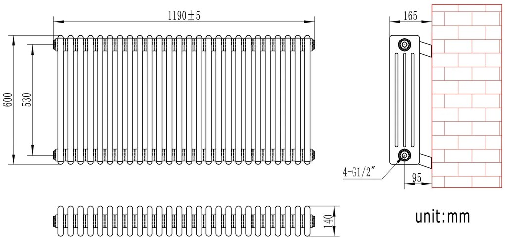 Eastbrook Rivassa 4 koloms radiator 120x60cm staal 2510W zwart mat