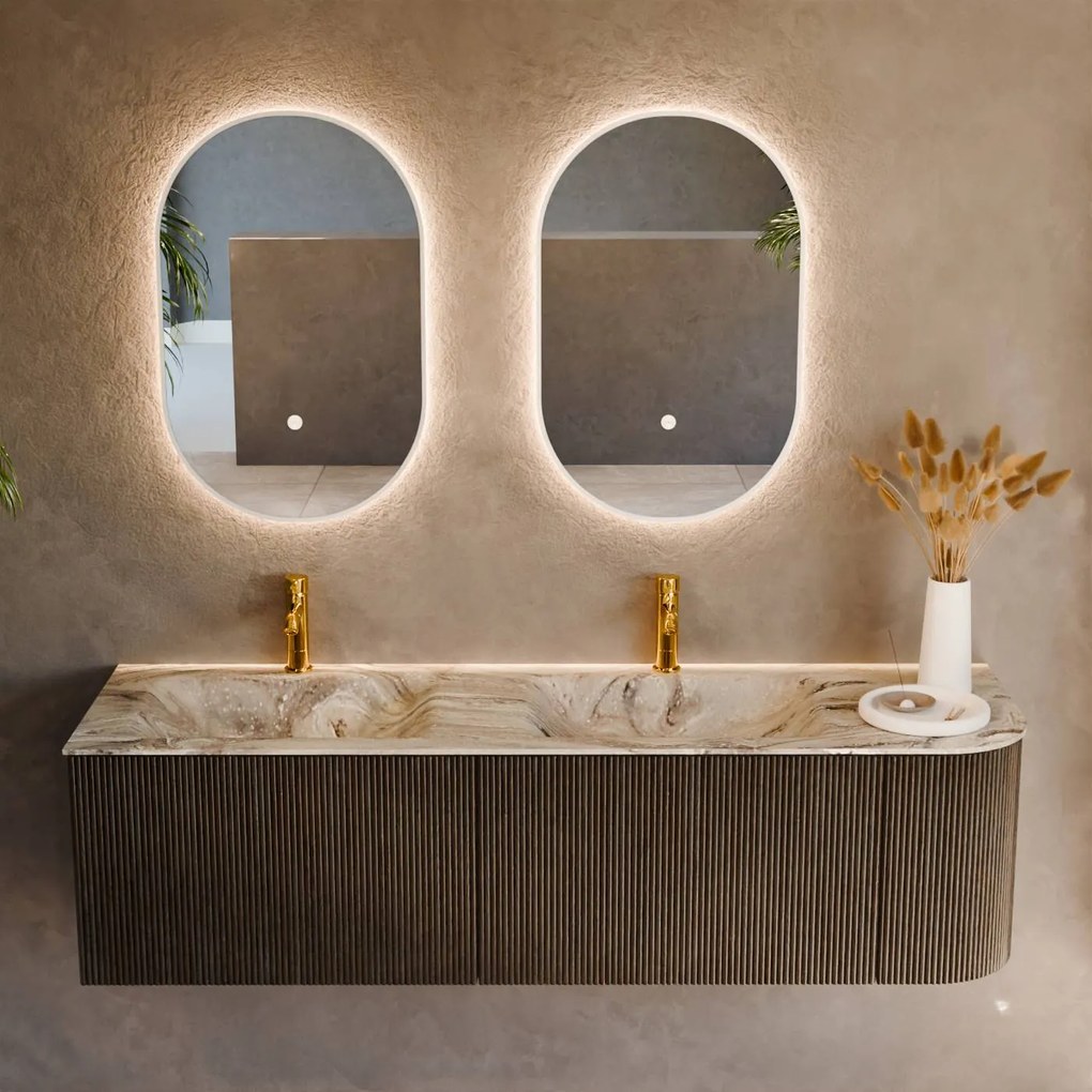 Mondiaz Kurve-dlux 155cm badmeubel ronding rechts shadow met 2 lades en 1 deur en wastafel leaf dubbel/links 2 kraangaten glace