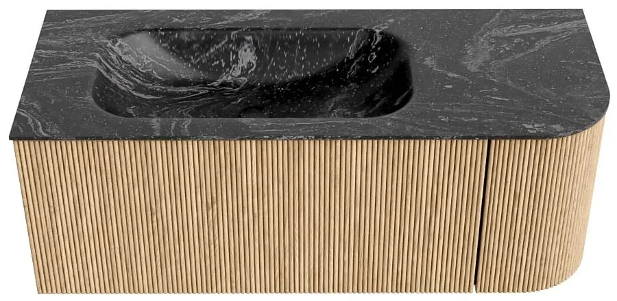 Mondiaz Kurve-dlux 115cm badmeubel ronding rechts oak met 1 lade en deur en wastafel big small links zonder kraangat lava