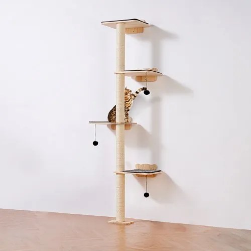 VEVOR 4-laags kattenboom, wandmeubelset voor katten met 4 springplanken, zwevende wandplank voor katten tot 18 kg, kattenzitstok van 12 mm dik grenenhout om op te slapen, spelen en klimmen