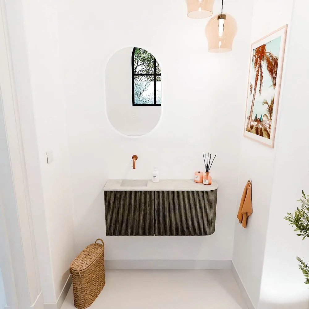 Mondiaz Joya DLux 90cm toiletmeubel ronding rechts shadow met wastafel faye links zonder kraangat ostra