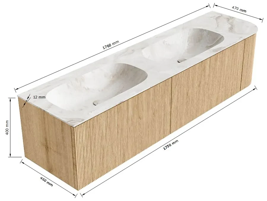 Mondiaz Kurve-dlux 175cm badmeubel ronding rechts ruby met 2 lades en 1 deur en wastafel stor small dubbel/links zonder kraangat ostra