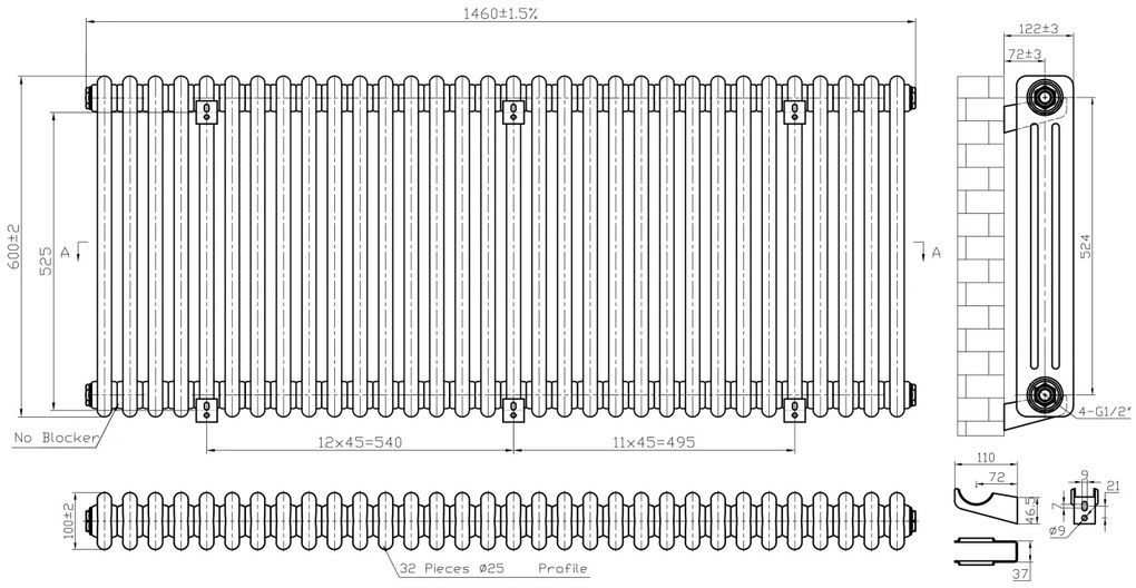 Eastbrook Imperia 3 koloms radiator 145x60cm 3024W antraciet