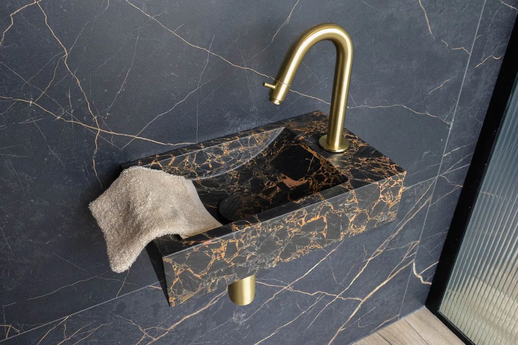 Saniclear Athens Portoro Gold fonteinset met gebogen kraan in geborsteld messing