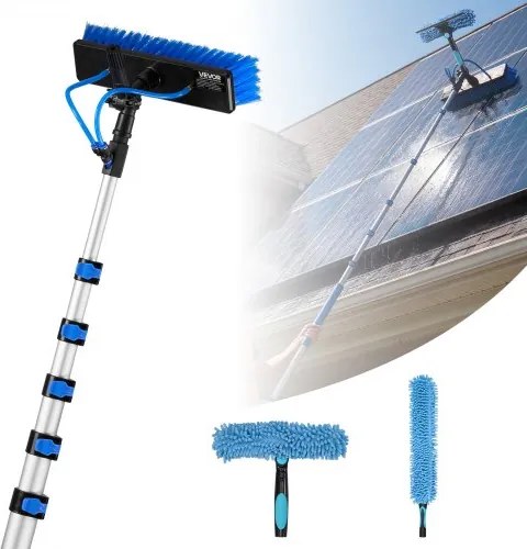 VEVOR Telescopische Wasborstel voor Zonnepanelen, Fotovoltaïsche Reiniger incl. 2,3-12 m Aluminium Telescoop, 20 m Wateraansluiting, 180° Borstel, Raamwisser, Zeepdispenser, Reinigingsset voor Zonnepanelen, Ramen en Terrasdaken