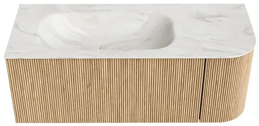 Mondiaz Kurve-dlux 115cm badmeubel ronding rechts oak met 1 lade en deur en wastafel big small kraangat links ostra